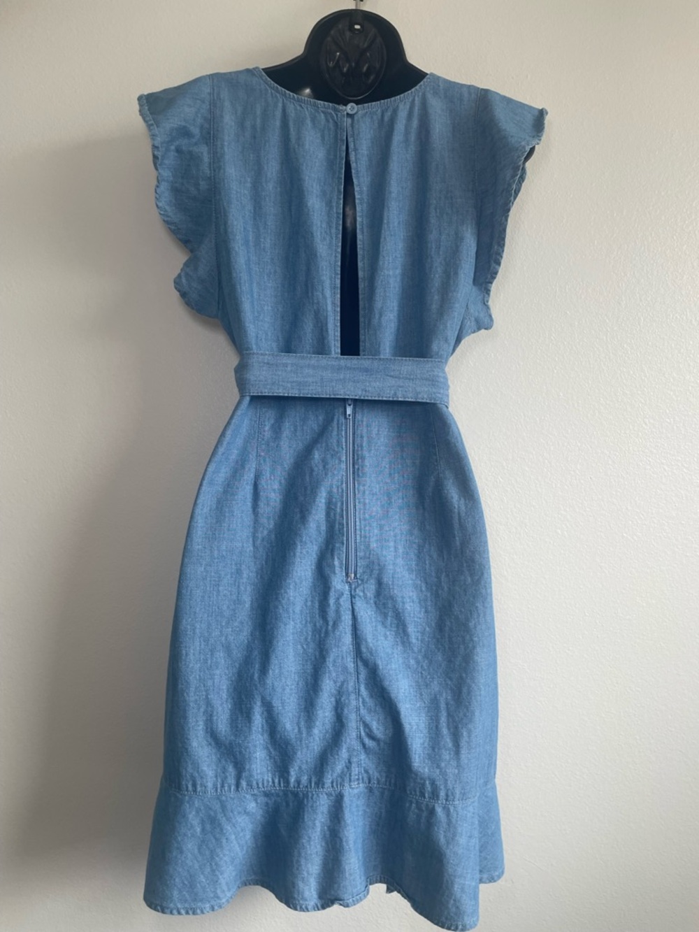 Topshop US 8 Chambray Denim Look Wrap Dress Flutter Sleeve Belted Midi Blue - Picture 7 of 11